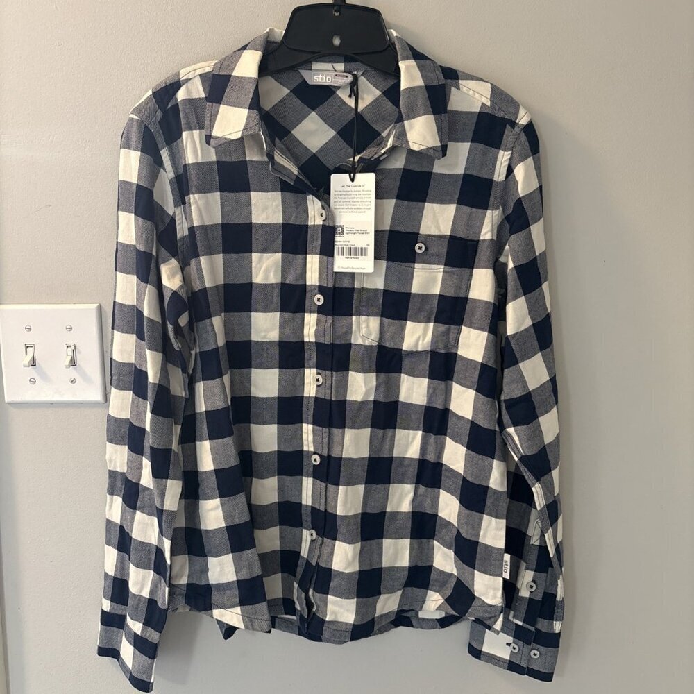Stio Women’s Miter Stretch Lightweight Flannel Shirt Mountain Goat Check. Blue